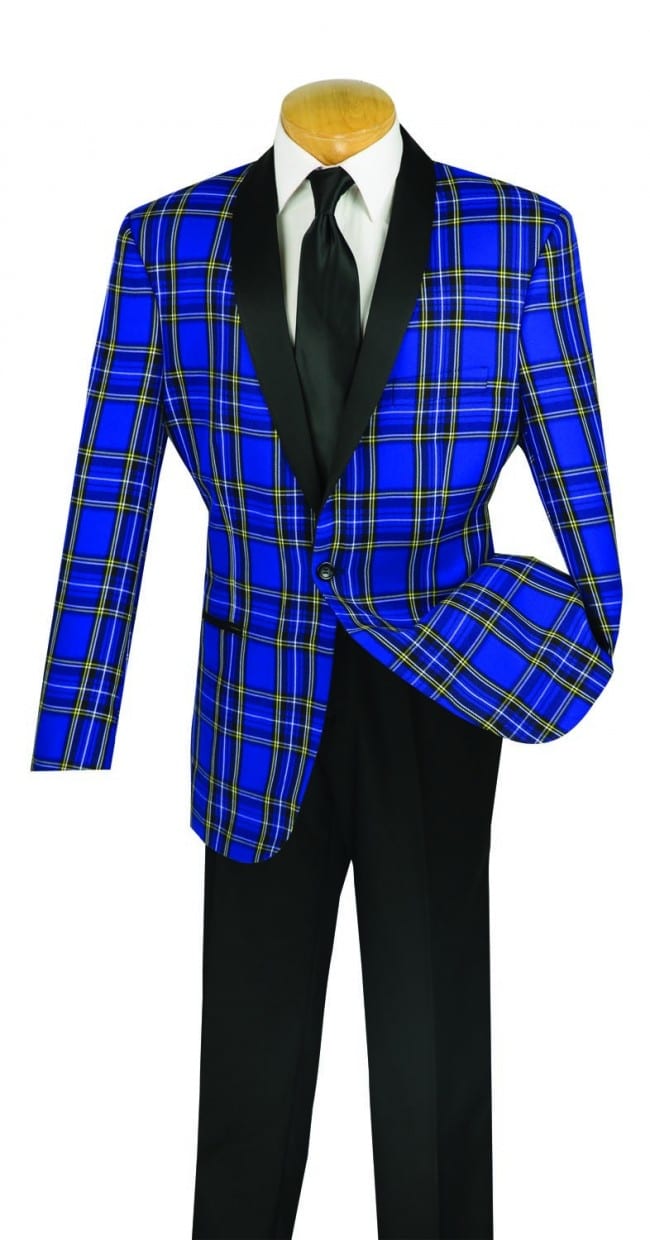 Blue Plaid Tuxedo with Black Shawl Lapel Tuxedos Online