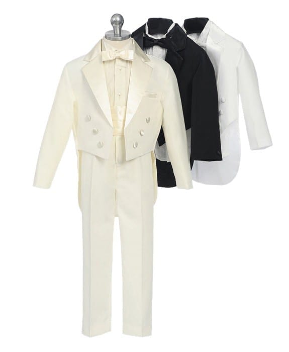Boys Size Long Ivory Off-White Two Button Tuxedo Jacket Frock Coat Satin Notch 