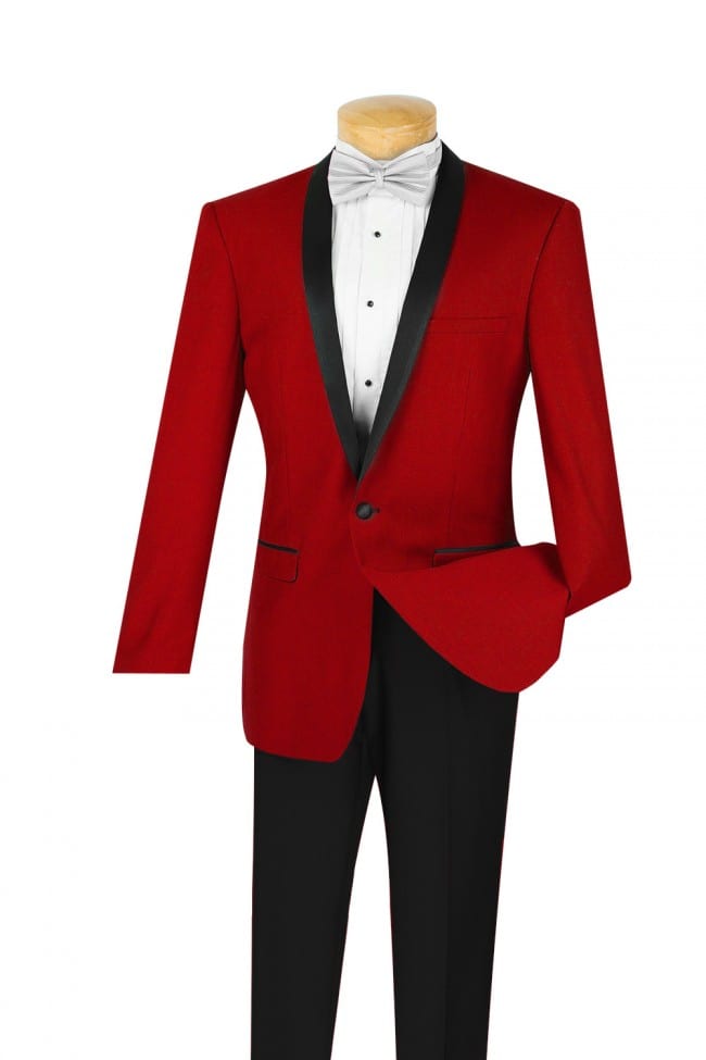 red suit jacket with black lapel
