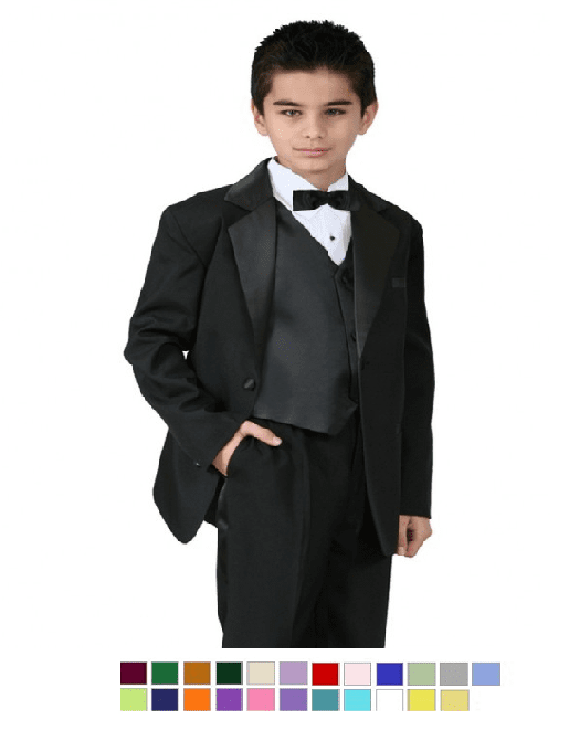 Formal Boy Kids Tuxedo Suit in Black with A Silver Neck Tie and Black Bow Tie