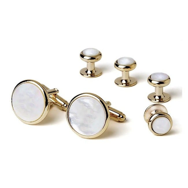 Mens Round Mother of Pearl Silver Cufflinks Studs Tuxedo Formal Set with Presentation Box 