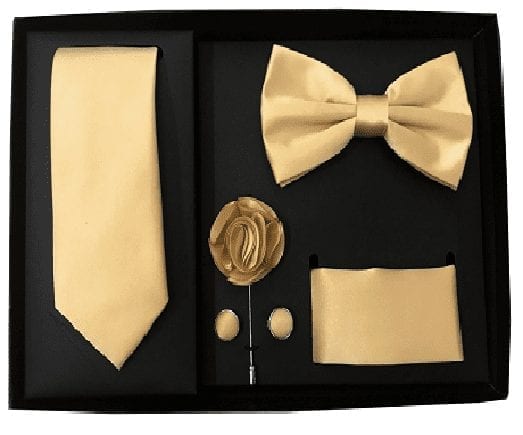Men/'s 5pc Striped Necktie Bowtie Cufflink Handkerchief Gift Box Set Black Gold