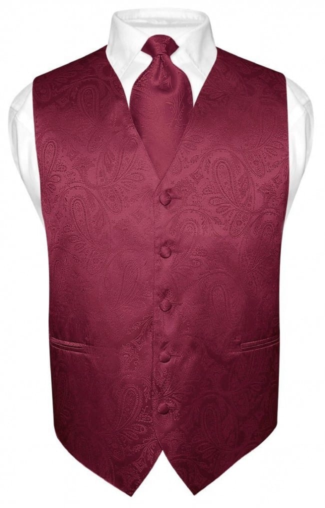 Mens Paisley Tone On Tone Burgundy Vest Tie Set