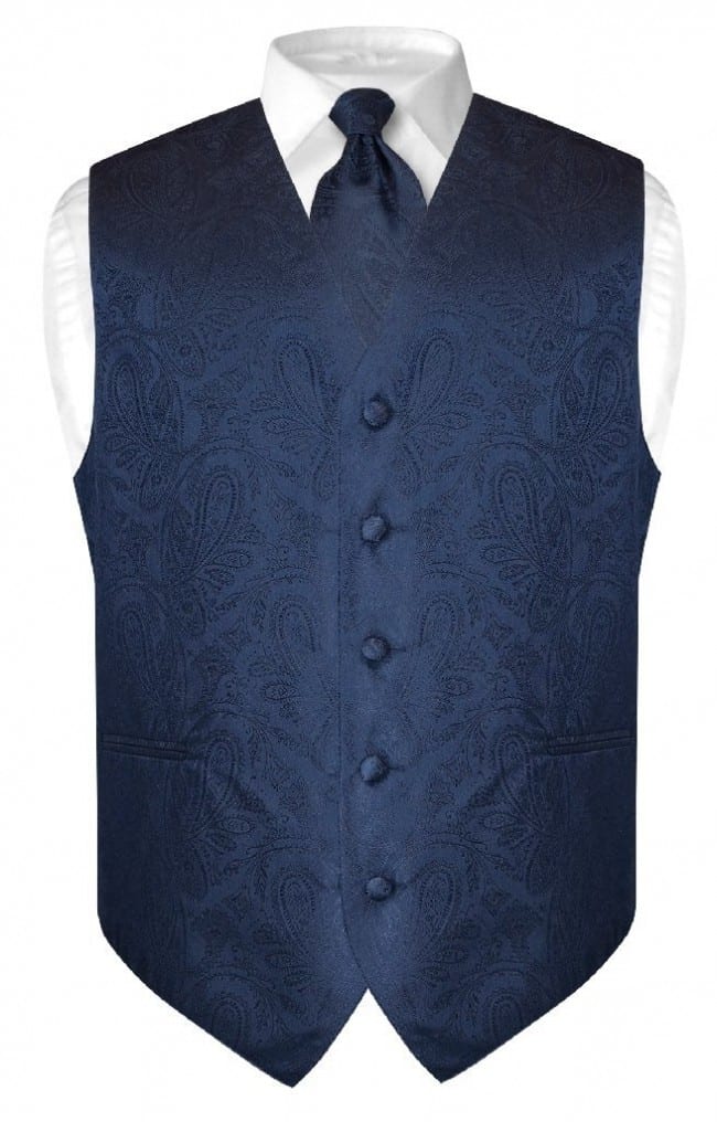 Mens Paisley Tone On Tone Navy Blue Vest with Tie Set Tuxedos Online
