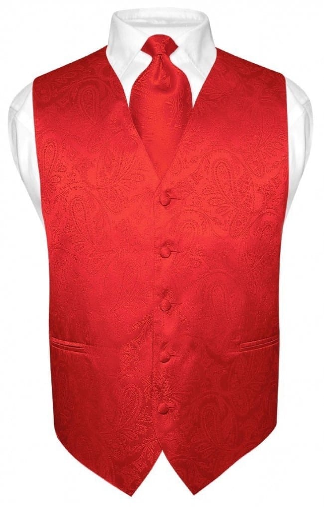 Mens Paisley Tone On Tone Red Vest with Tie Set Tuxedos Online