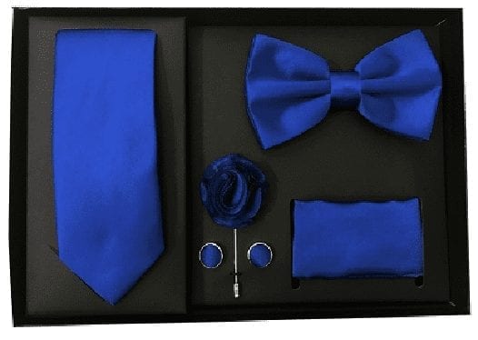 Adolfo 5 Piece Royal Blue Set Bow Tie Cufflinks & Hanky Tie Flower Pin 