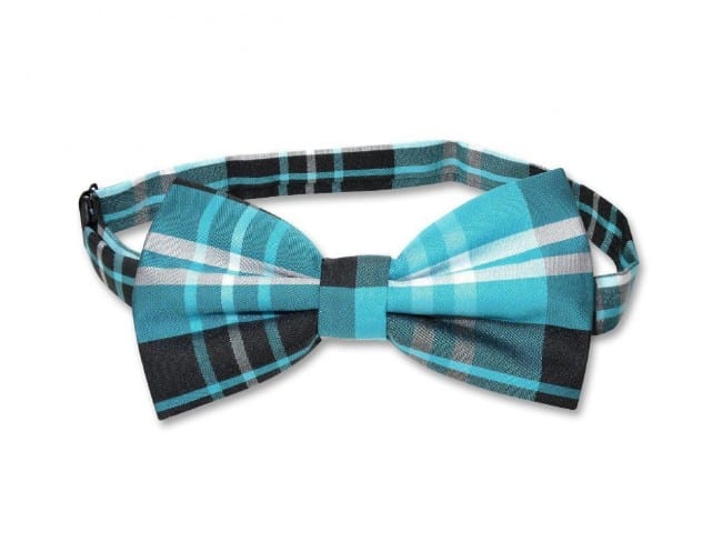 New Men's Polyester plaid checkers self-tied Bow Tie & hankie turquoise blue 