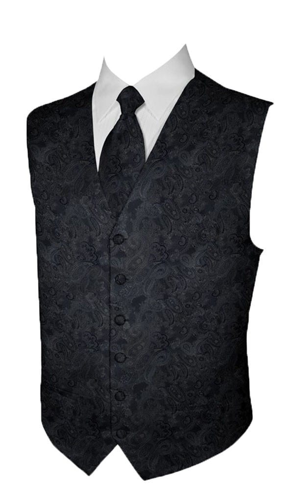 Black  Paisley Tuxedo Suit Dress Vest Waistcoat & Bow tie  Hankie Wedding Prom 