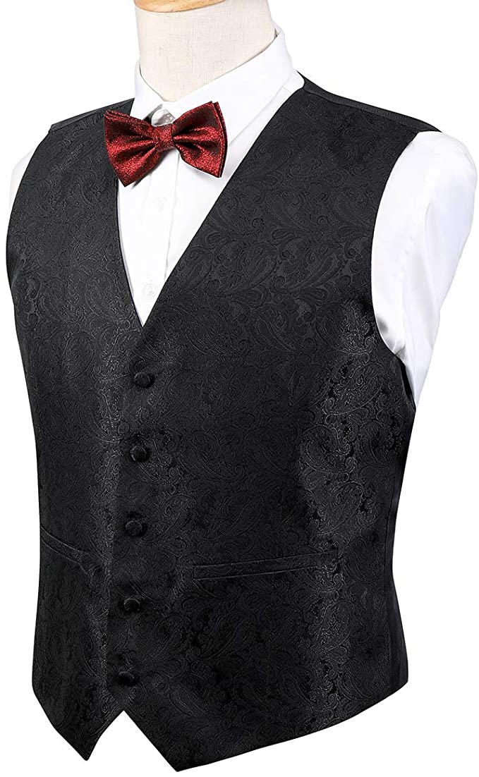 Men's Black Paisley Tuxedo Vest Open-Back & Adjustable Formal Wedding Costume 